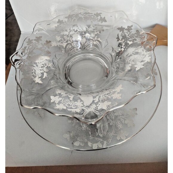 Sterling Silver Overlay Console Bowl with Underplate 14", Glass Centrepiece Set - Picture 4 of 15